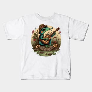 Cottagecore aesthetic cute frog playing ukelele on Mushroom Kids T-Shirt